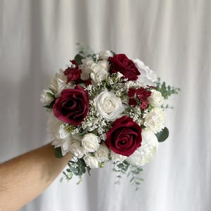 Faux bridal bouquet with burgundy and white flowers, red bouquets, wine bridal bouquet, white and red fake bouquet, white and red bouquet