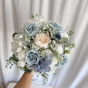 Dusty blue and peach bridal bouquet with faux flowers, blue bouquets, white and blue bouquet, silk wedding bouquet, faux bridal bouquet