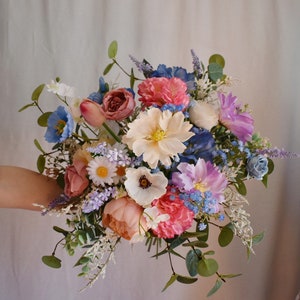 New Summer Bouquets with wild flowers, colorful bridal bouquets, silk bridal bouquet, purple and blue and pink bouquet, bright bouquets