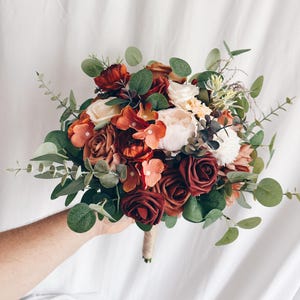 Faux bridal bouquet with rust orange flowers and eucalyptus, bridesmaids bouquet, terracotta fake bouquet, brown and green bouquet,