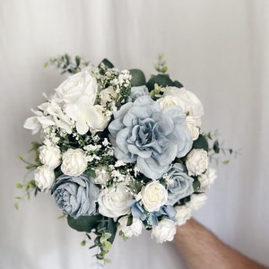 Dusty blue bridal bouquet with faux flowers, blue bouquets, white bridal bouquet, white fake bouquet, white and green bouquet,