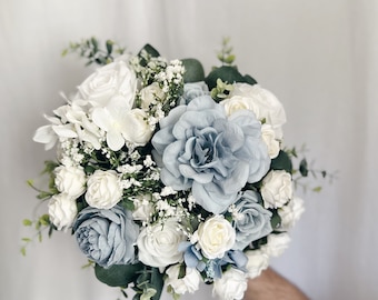 Dusty blue bridal bouquet with faux flowers, blue bouquets, white bridal bouquet, white fake bouquet, white and green bouquet,