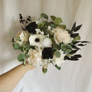 Custom white and black bridal bouquet with white and black faux flowers, white bouquets, white bridal bouquet, white fake bouquet, black