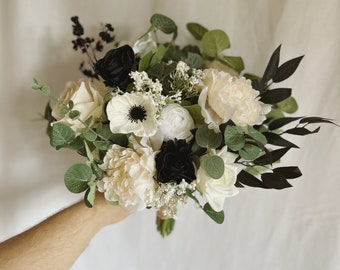 Custom white and black bridal bouquet with white and black faux flowers, white bouquets, white bridal bouquet, white fake bouquet, black