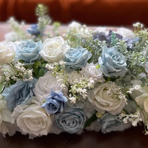 Sweet heart table flowers, table floral arrangement with dusty blue flowers, Table Centerpiece Blue Wedding