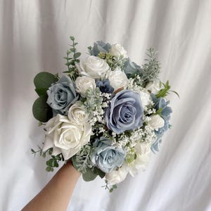 Faux bridal bouquet with dusty blue flowers, blue bouquets, white and blue bouquet, silk wedding bouquet, faux bridal bouquet