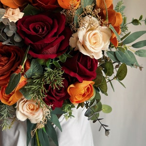 Bridal bouquet with burgundy and rust orange flowers, burgundy and terracotta bridesmaids bouquet, terracotta fake bouquet, silk bouquets image 7