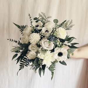 Faux bridal bouquet with white flowers and anemones, bridesmaid bouquet, white fake bouquet, white and green bouquet, white boutonniere