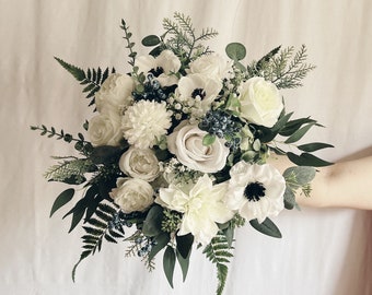 Faux bridal bouquet with white flowers and anemones, bridesmaid bouquet, white fake bouquet, white and green bouquet, white boutonniere