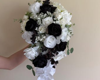 Schwarz und Weiß Faux Blume Brautstrauß, Seide Eukalyptus