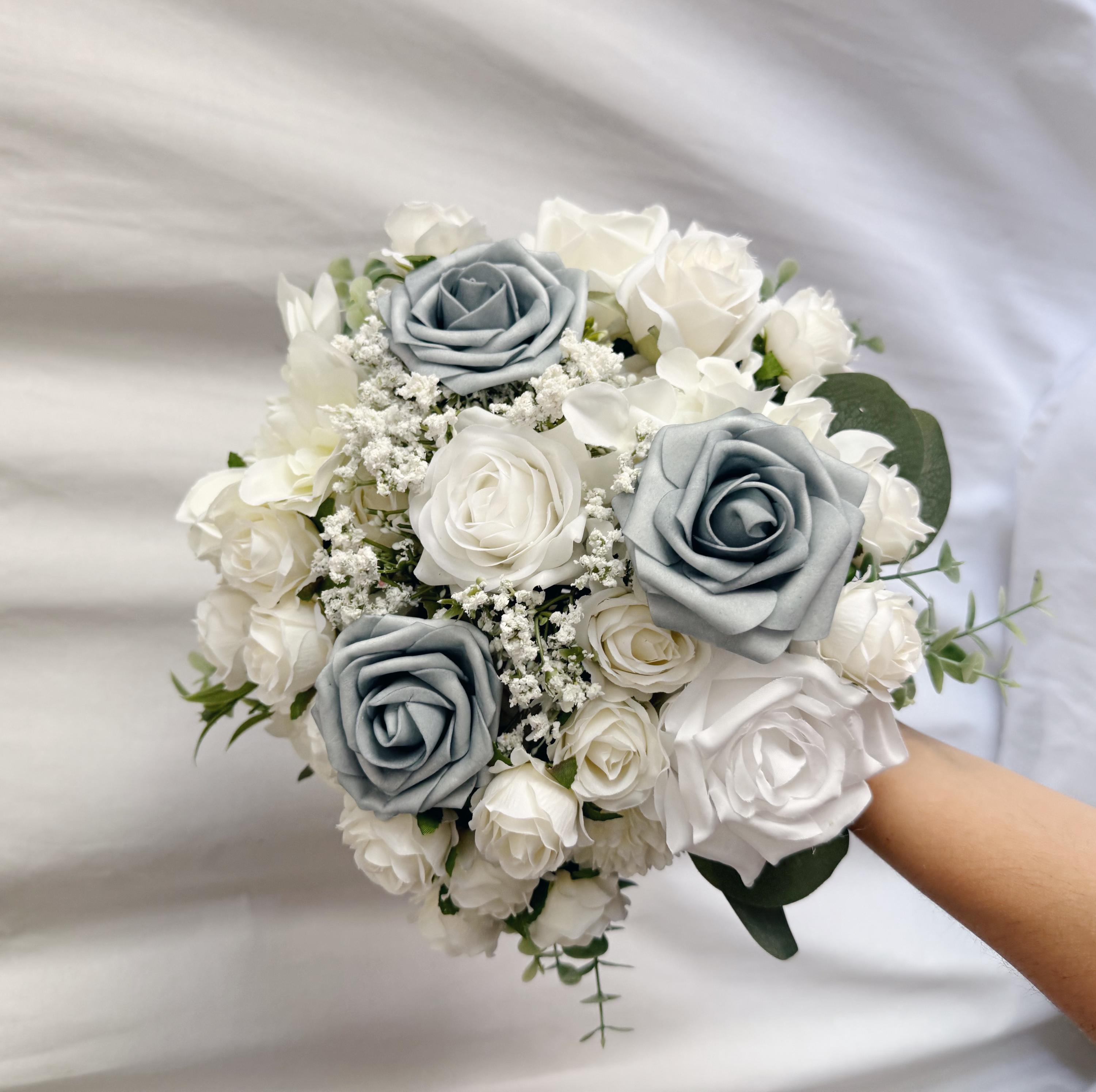 Faux bridal bouquet with dusty blue flowers and calla lilies, slate blue bouquet, white and blue bouquets, silk wedding bouquets, faux