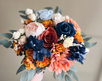 Wedding bouquet with navy blue and rust orange flowers, bridesmaids bouquets, rust orange bouquets, fake terracotta bouquet, Faux bouquet