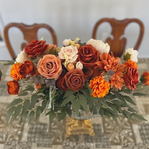 Wedding Arch Arrangements With Rust Orange and Terracotta faux flowers, burnt orange floral arbor arrangements, altar decor, fall wedding
