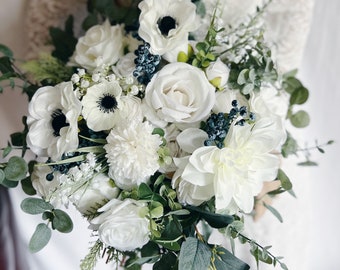 Faux bridal bouquet with white flowers and anemones, bridesmaid bouquet, white fake bouquet, white and green bouquet, white boutonniere