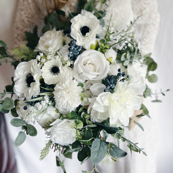 Faux bridal bouquet with white flowers and anemones, bridesmaid bouquet, white fake bouquet, white and green bouquet, white boutonniere