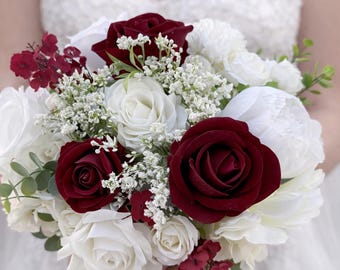 Faux bridal bouquet with burgundy and white flowers, red bouquets, wine bridal bouquet, white and red fake bouquet, white and red bouquet