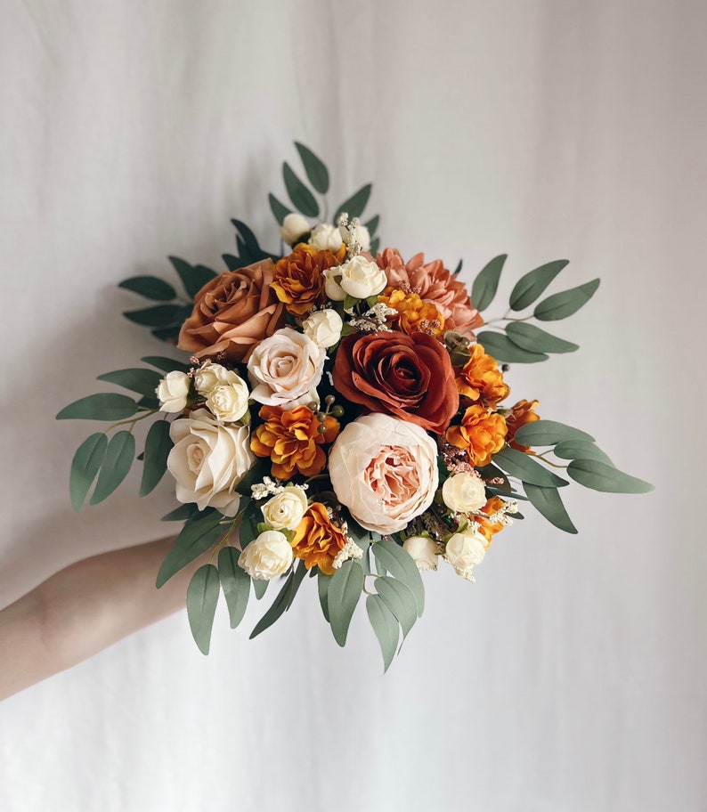 Rust Orange wedding bouquet, terracotta bridesmaids bouquets, rust orange bouquets, fake terracotta bouquet, Wedding bouquet, Bridal Bouquet image 1