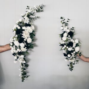 Wedding Arch Arrangements With Black and White  faux flowers, black and white floral arbor arrangements, arch decor in black and white color