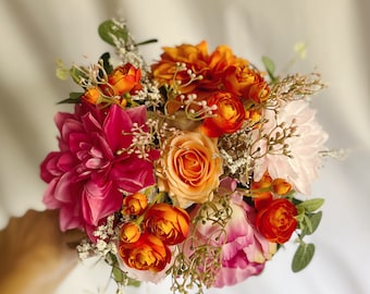 Pink Dahlia Colorful Bouquets with orange, hot pink and cream faux flowers, colorful bridal bouquets, wedding bouquet, faux bouquets