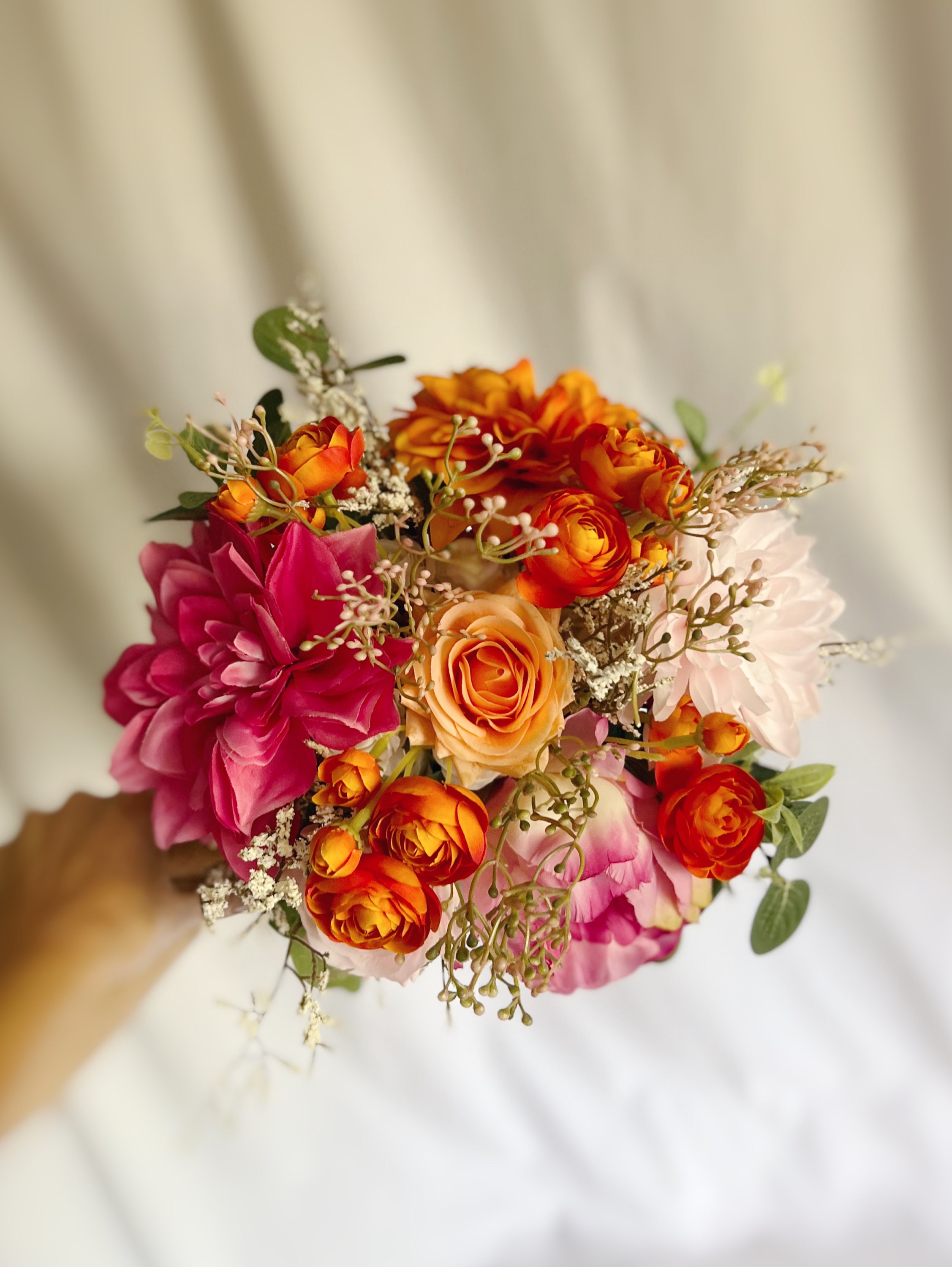 Pink Dahlia Colorful Bouquets with orange, hot pink and cream faux flowers, colorful bridal bouquets, wedding bouquet, faux bouquets