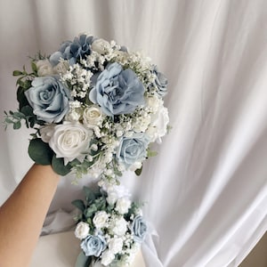 Dusty blue bridal bouquet with faux flowers, blue bouquets, white and blue bouquet, silk wedding bouquet, faux bridal bouquet