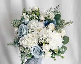 Faux bridal bouquet with dusty blue flowers, blue bouquet, white and blue bouquet, silk wedding bouquet, faux bridal bouquet