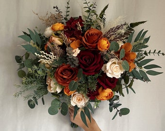 Bridal bouquet with burgundy and rust orange flowers, burgundy and terracotta bridesmaids bouquet, terracotta fake bouquet, silk bouquets