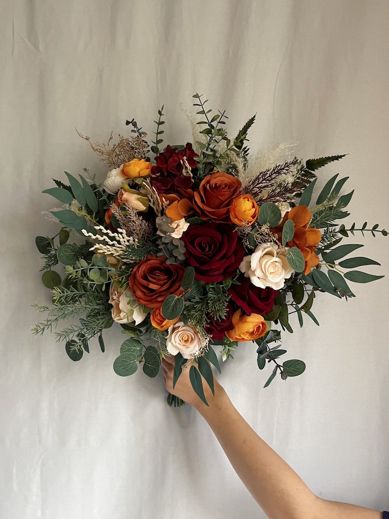 Bridal bouquet with burgundy and rust orange flowers, burgundy and terracotta bridesmaids bouquet, terracotta fake bouquet, silk bouquets Bridal Bouquet 16”