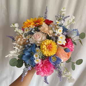 Summer Bouquets with wild flowers, meadow colorful bridal bouquets, silk bridal bouquet, red and blue and pink bouquet, bright bouquets