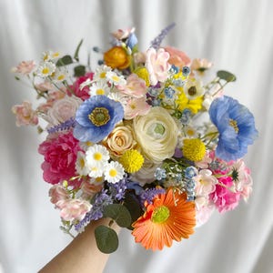 Bright Bouquets with wild flowers, colorful bridal bouquets, silk bridal bouquet, purple, yellow, blue and pink bouquet, bright bouquets