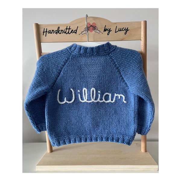 Hand Knitted Personalised Name Baby Cardigan | Embroidered Name | Knitted Baby Boy Gift | Name Cardigan | Made w premium Sirdar Snuggly yarn