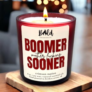 Boomer Sooner Candle | BMFS | Oklahoma Football Decor | College Football Candle | Game Day Decor | Sport Candle | Sooner Born Sooner Bred image 1