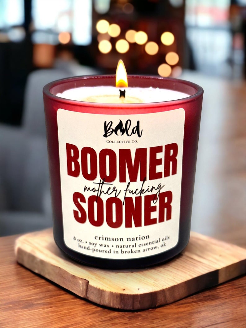 Boomer Sooner Candle | BMFS | Oklahoma Football Decor | College Football Candle | Game Day Decor | Sport Candle | Sooner Born Sooner Bred image 1