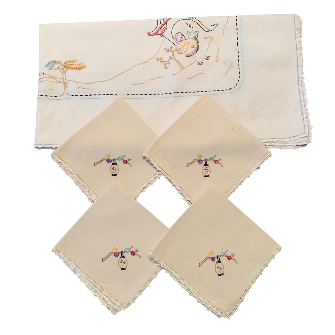 Vintage Small Hand Embroidered Tablecloth and Napkins Asian Etsy