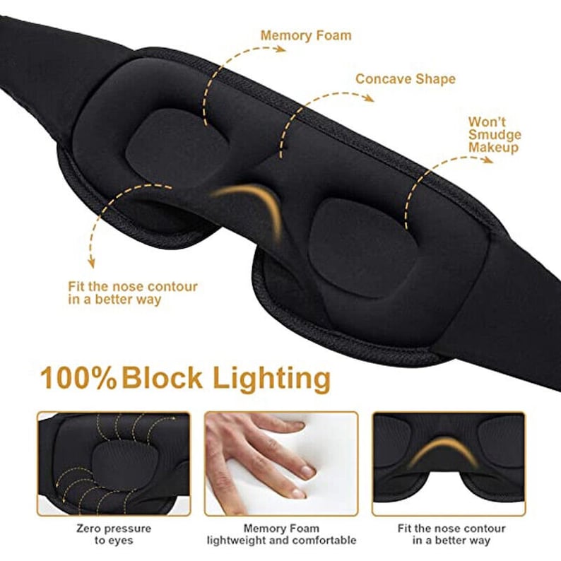 May include: Black sleep mask with memory foam padding and a contoured shape to fit the nose. The mask is designed to block out light and prevent makeup smudging. The text "100% Block Lighting" is printed on the image.