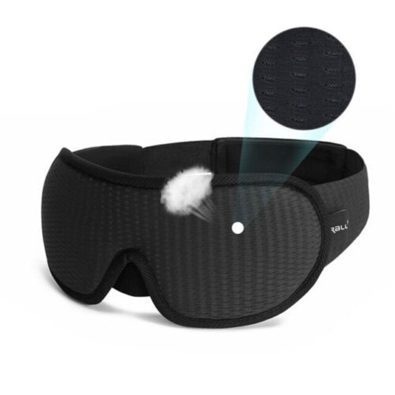 May include: Black sleep mask with a breathable, textured fabric. The mask has a contoured shape and an adjustable strap. The text "RALL" is printed on the strap.