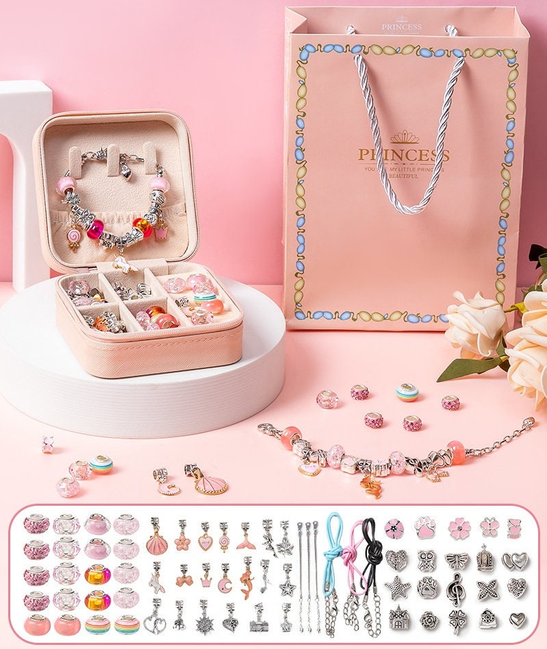 92 PCS DIY Charm Bracelet Necklaces Jewelry Making Kit with Pink Gift Box  for Girls Women Valentines Birthday Christmas Gift - Realistic Reborn Dolls  for Sale