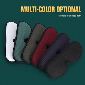 May include: Six eye masks in different colors: white, green, gray, burgundy, navy blue, and black.  The eye masks are made of a soft, textured fabric and have a black elastic band.