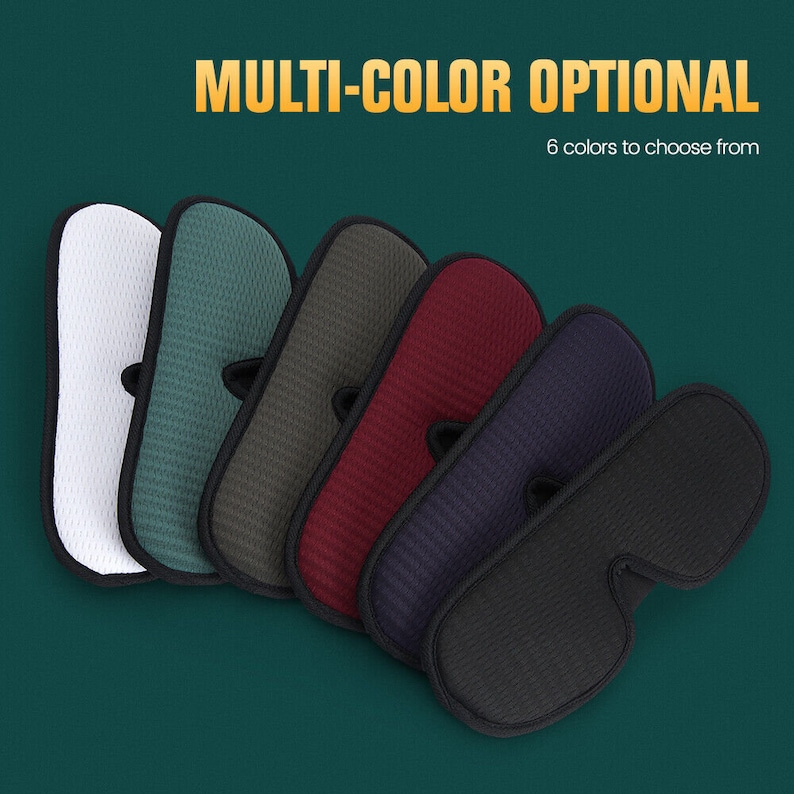 May include: Six eye masks in different colors: white, green, gray, burgundy, navy blue, and black.  The eye masks are made of a soft, textured fabric and have a black elastic band.