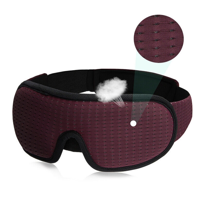 May include: A burgundy sleep mask with a breathable mesh fabric and adjustable strap. The mask is designed to block out light and promote restful sleep.