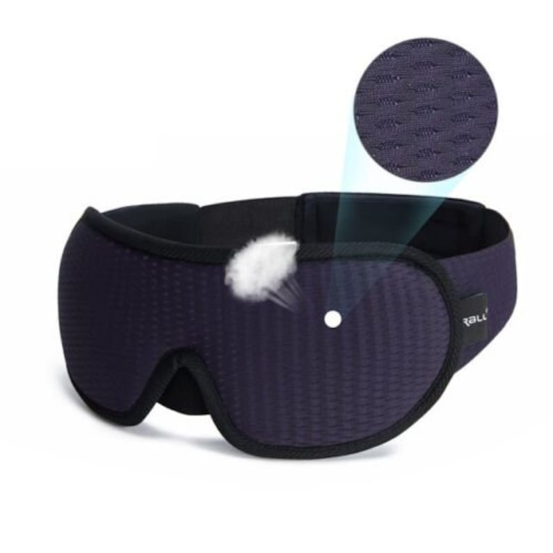 May include: Black sleep mask with a textured, breathable fabric. The mask has a contoured shape and an adjustable strap. The mask is designed to block out light and promote sleep.