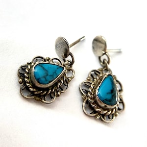 Vintage Navajo  Blue Turquoise Dangle Post Earrings Petite sterling silver filigree vintage turquoise jewelry