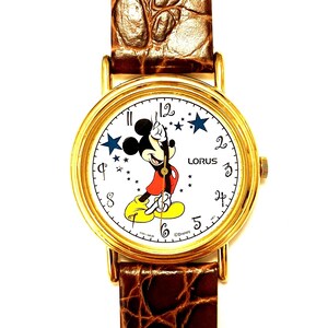 Vintage Lorus Mickey Mouse Watch: Gold Tone Stars, Brown 
