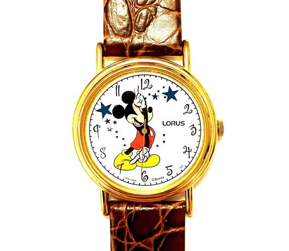 Vintage Lorus Mickey Mouse Watch: Gold Tone Stars, Brown  display picture 3