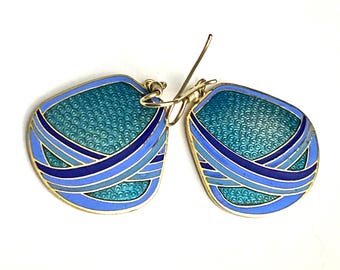Vintage MEOW Brand Teal, Blue, and Navy  Gold Tone Dangling Earrings