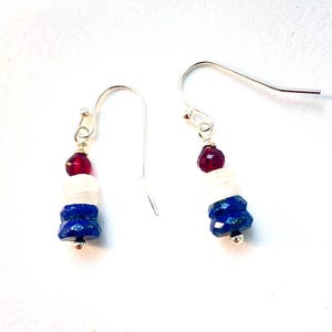 Petite Patriotic Gemstone Dangling Earrings Moonstone Garnet Lapis Lazuli Silver French Wire One-of-a-kind  Earrings