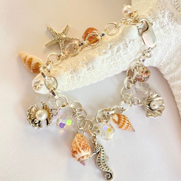 Sea Shell and Crystal Charm Bracelet Silver Tone Boho Beach Jewelry handmade one of a kind OOAK rare