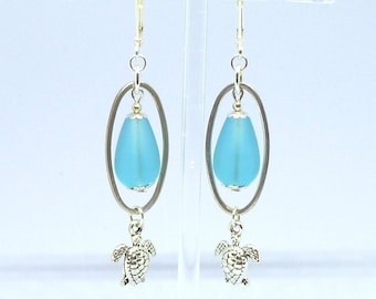 Sea Turtle Earrings: Blue “Sea” Glass, Sterling Silver Wires, Beachy Boho