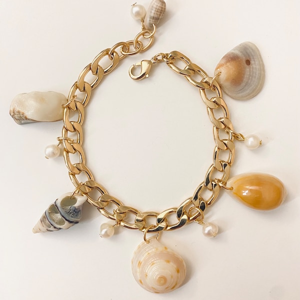 Gold Tone Sea Shell and Pearl Charm Bracelet Boho Beach Jewelry handmade one of a kind OOAK rare