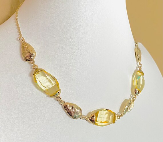 Vintage Yellow Faceted Crystal and Brushed Gold T… - image 3